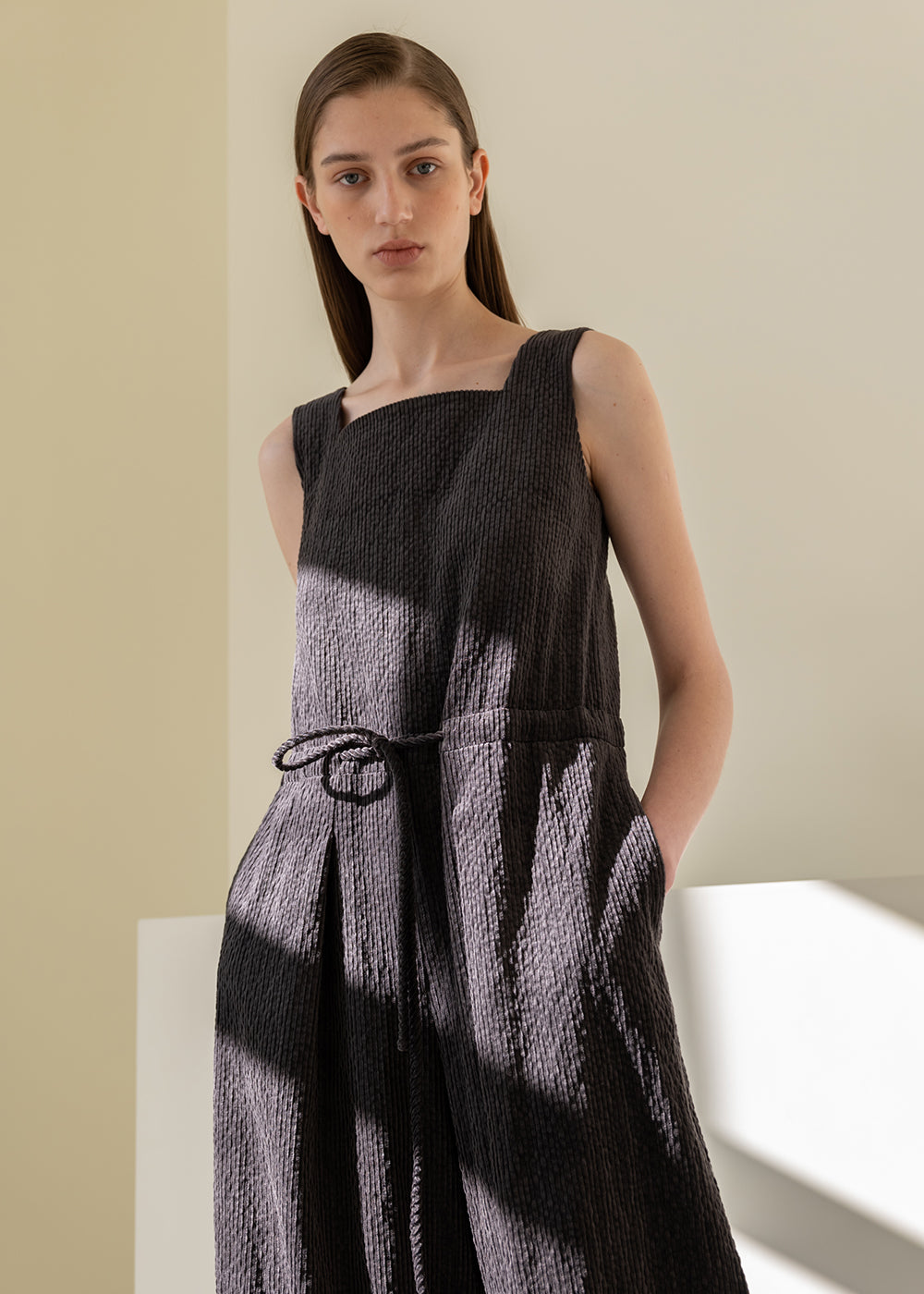 CORDUROY SQUARE-NECK JUMPSUIT DARK BROWN