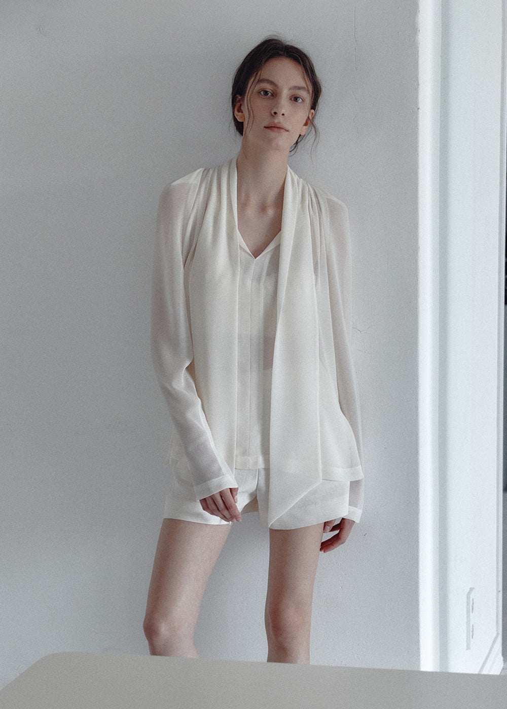 SHEER CRAPE TIE BLOUSE_CREAM