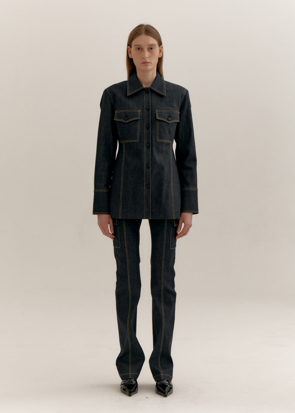 DENIM BACK BELTED SHIRT JACKET_NAVY