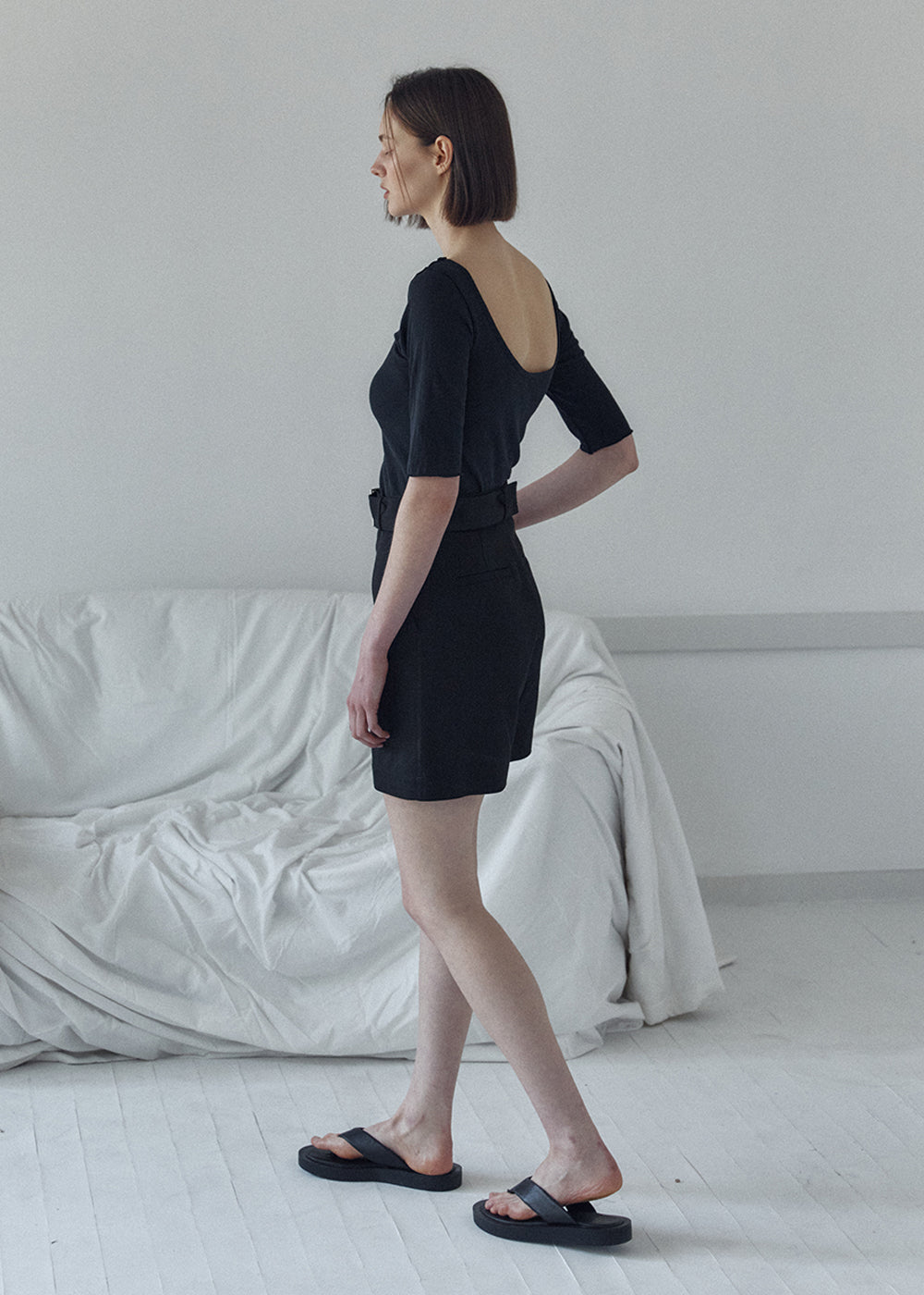 SOFT-COTTON BELTED HALF PANTS_BLACK