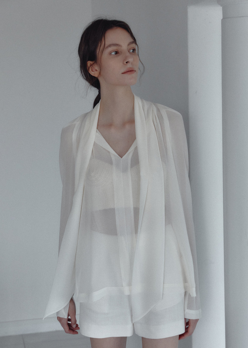 SHEER CRAPE TIE BLOUSE_CREAM