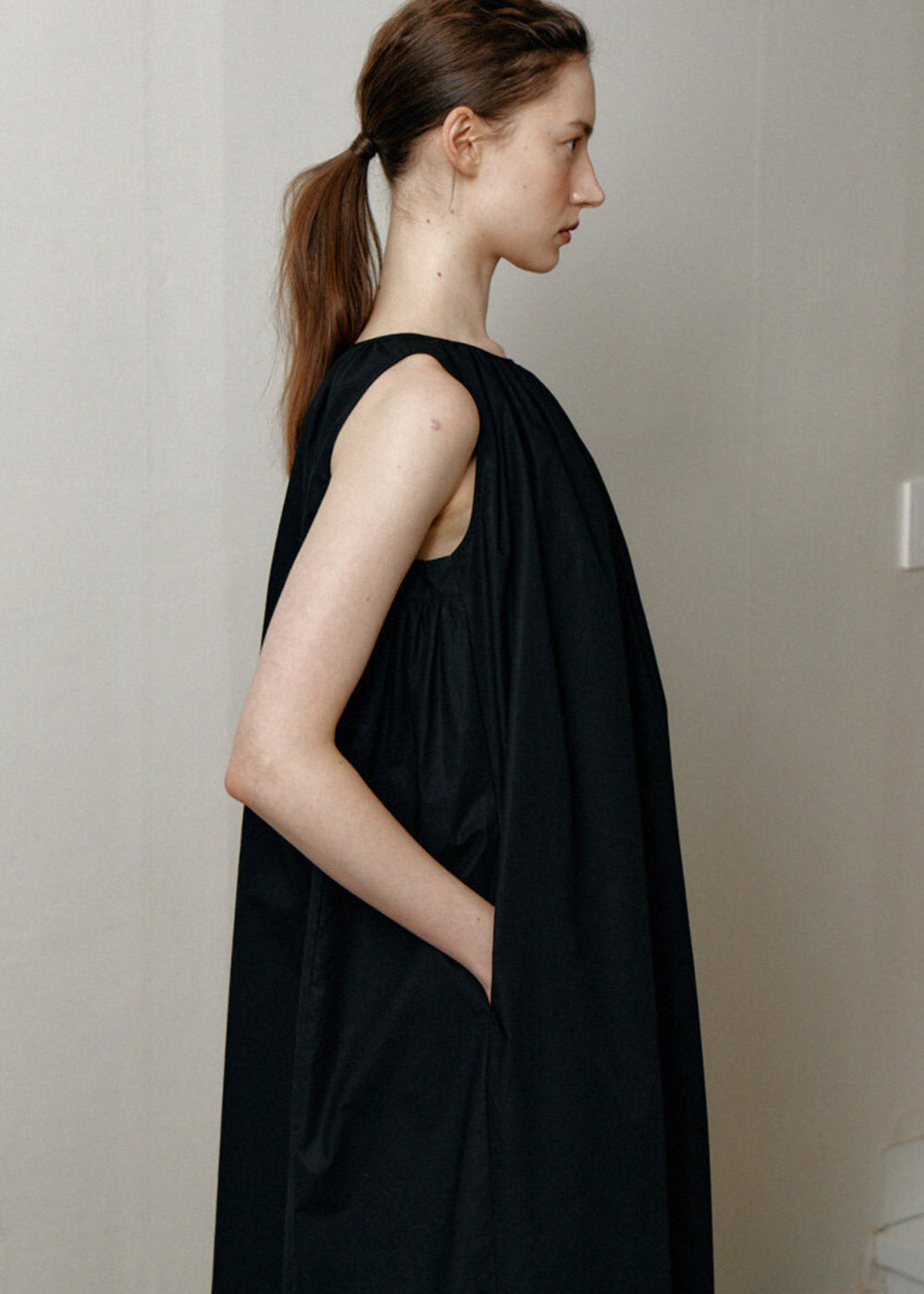 COTTON SHIRRING DRESS_BLACK