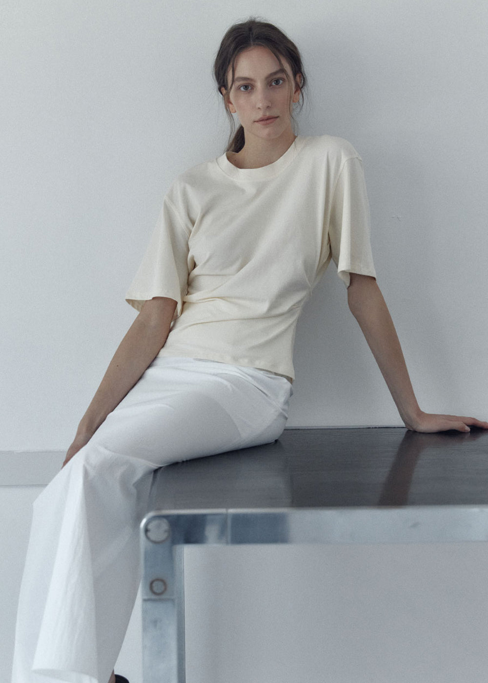 SIDE TUCKED JERSEY TOP_BUTTER