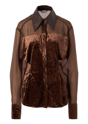 VELVET MIXED SHEER SHIRTS _ BROWN