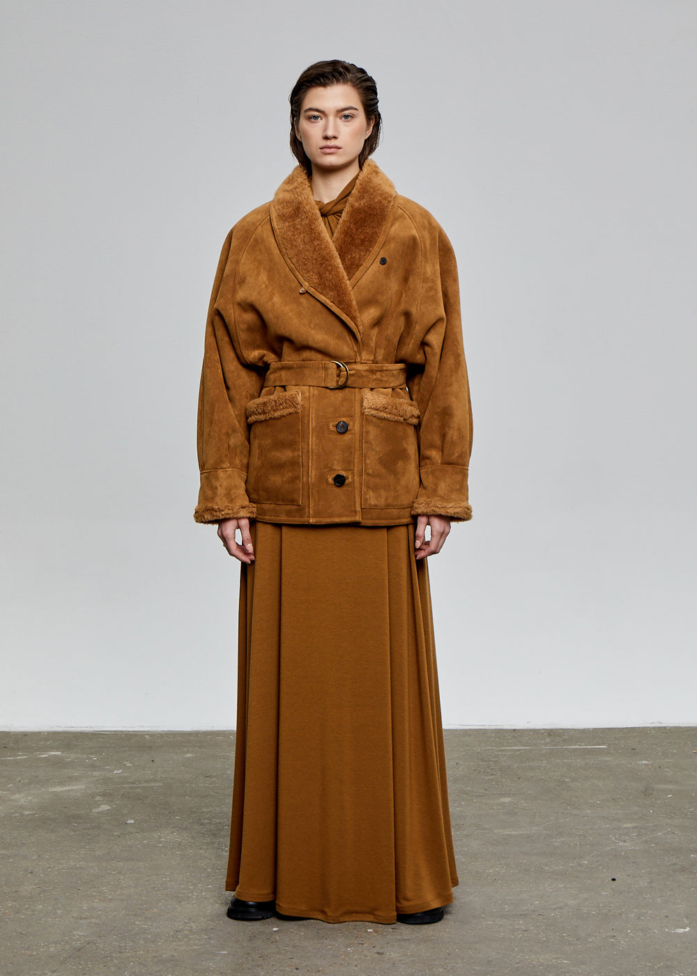 SHAWL COLLAR SUEDE SHEARLING COAT
