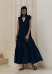 SHIRRING TIERED DRESS DARK NAVY