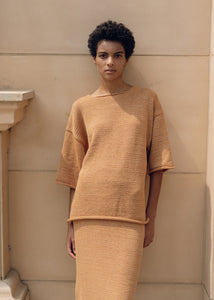 COTTON SQUARE NECK KNIT TOP CAMEL