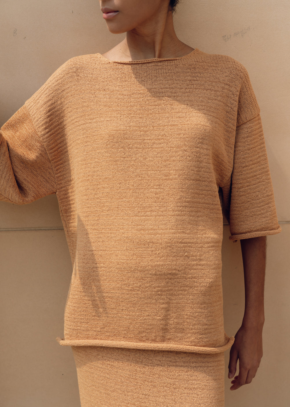 COTTON SQUARE NECK KNIT TOP CAMEL