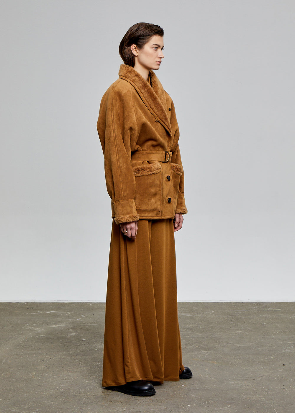 SHAWL COLLAR SUEDE SHEARLING COAT