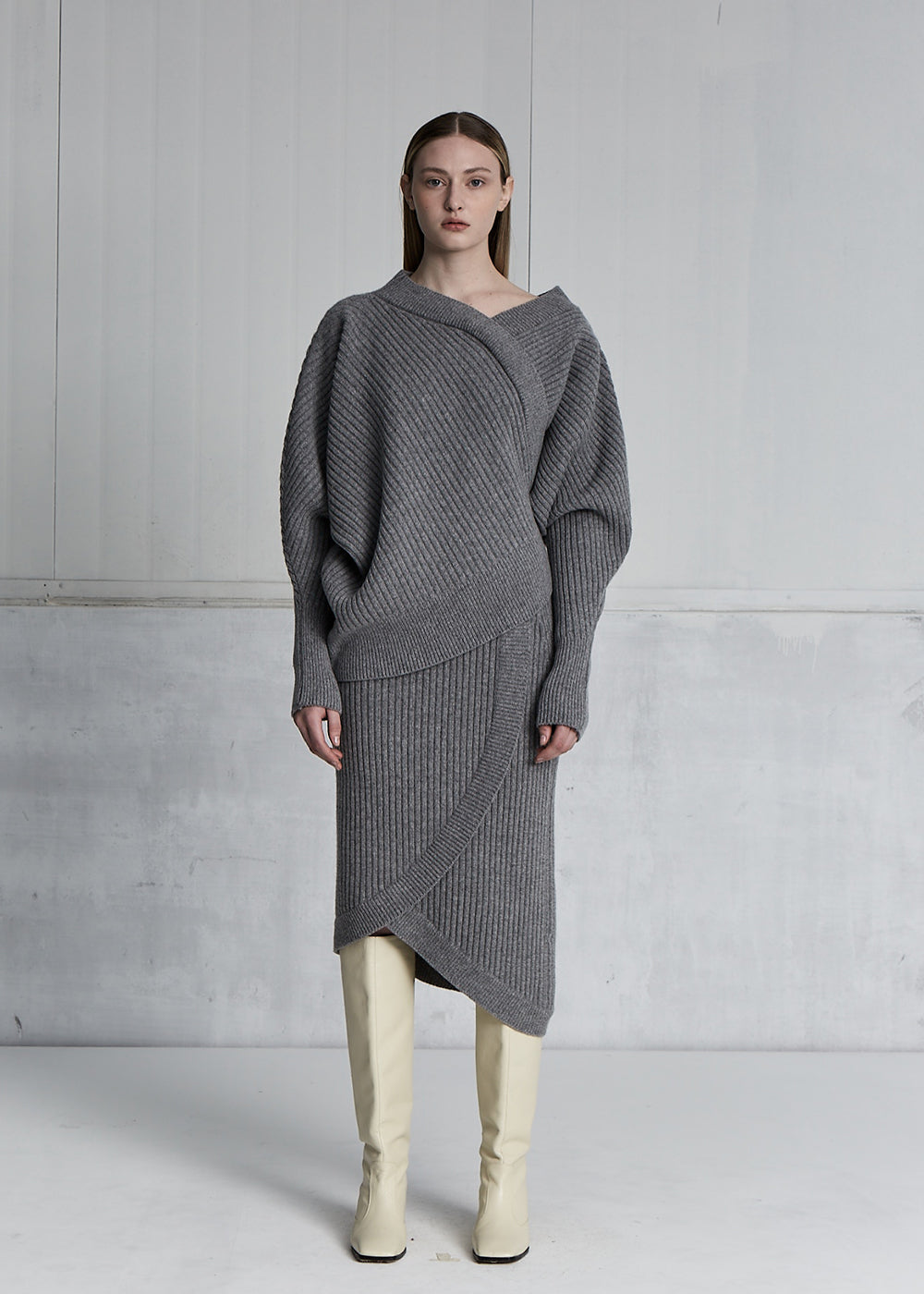 UNBALANCE RIBBED CASHMERE SWEATER _ GREY