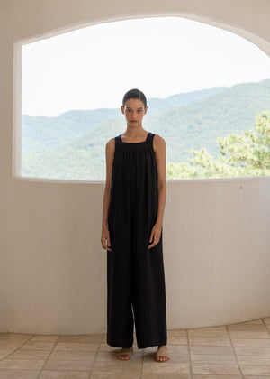 LINEN SQUARE-NECK WIDE JUMPSUIT_CHARCOAL