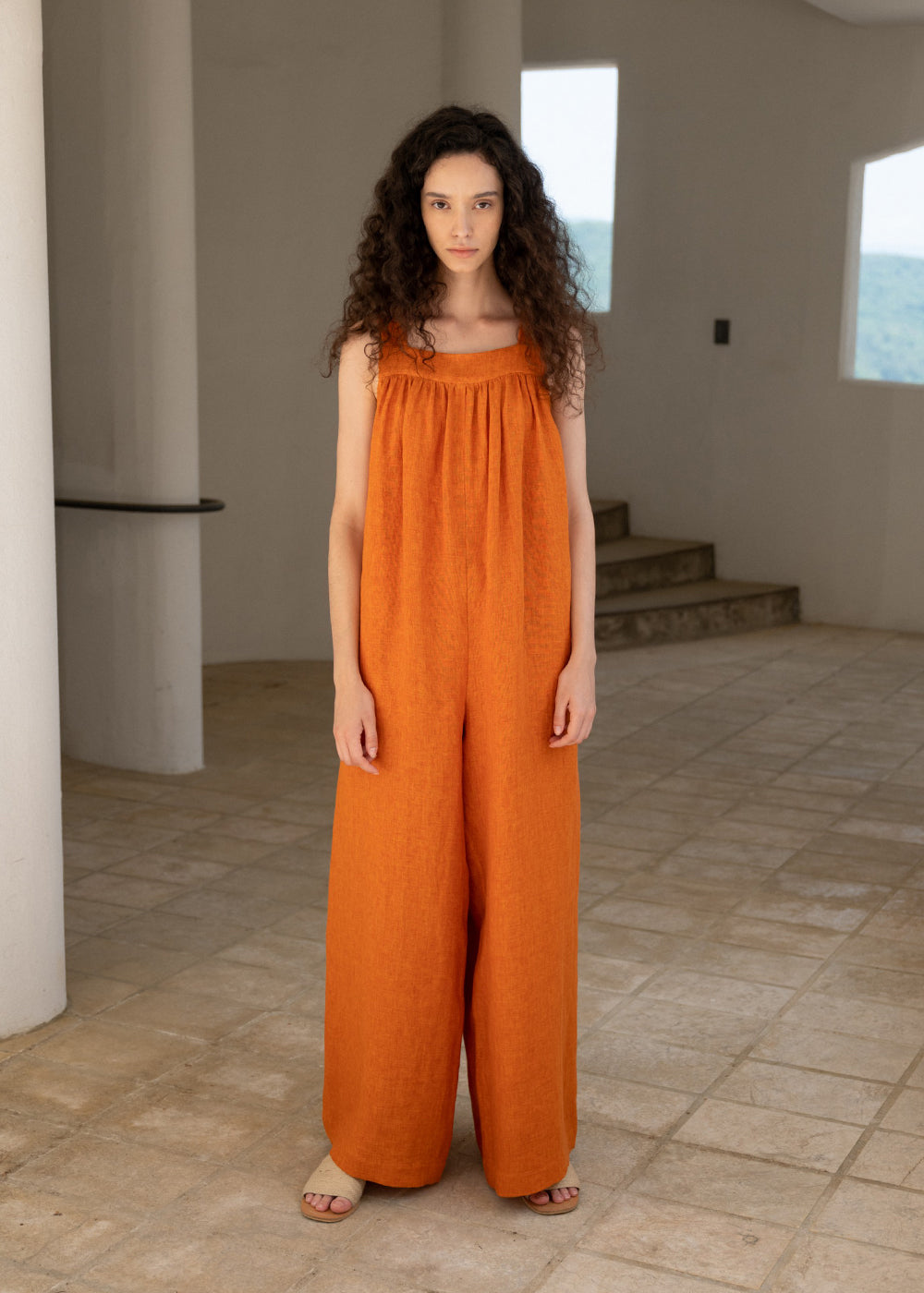 LINEN SQUARE-NECK WIDE JUMPSUIT_ORANGE