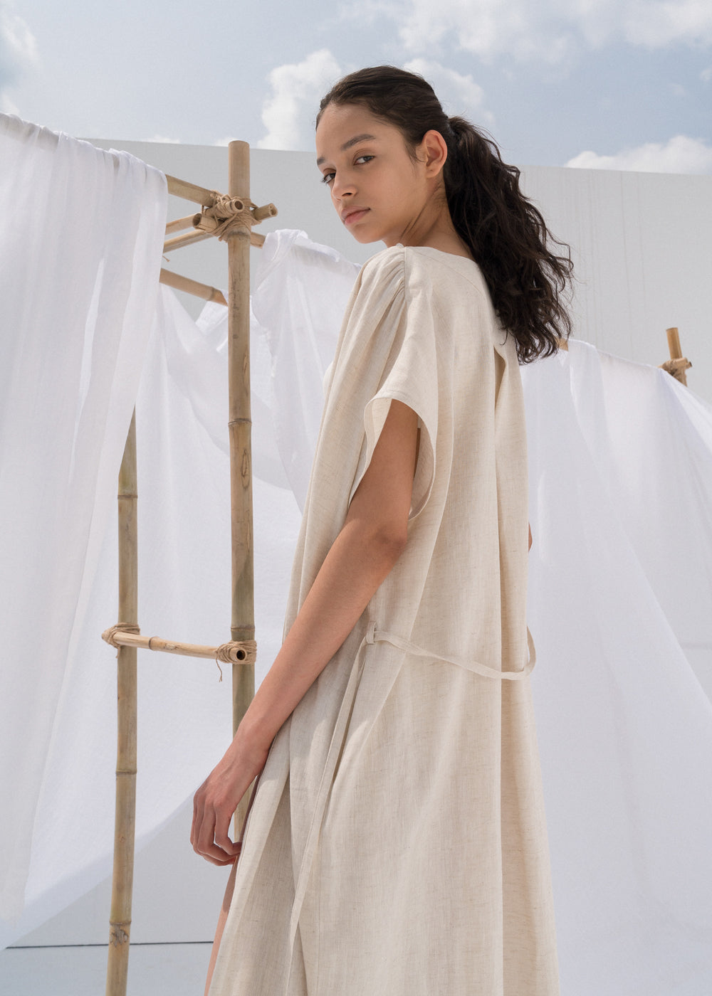LINEN HERRINGBONE ROBE NATURAL