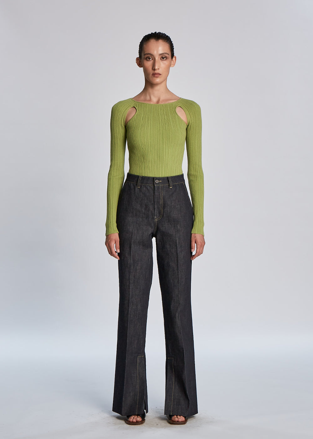 FLARED SLIT DENIM PANTS_NAVY