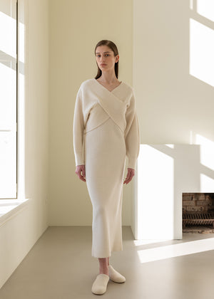 V-NECK CASHMERE BLEND KNIT DRESS_IVORY