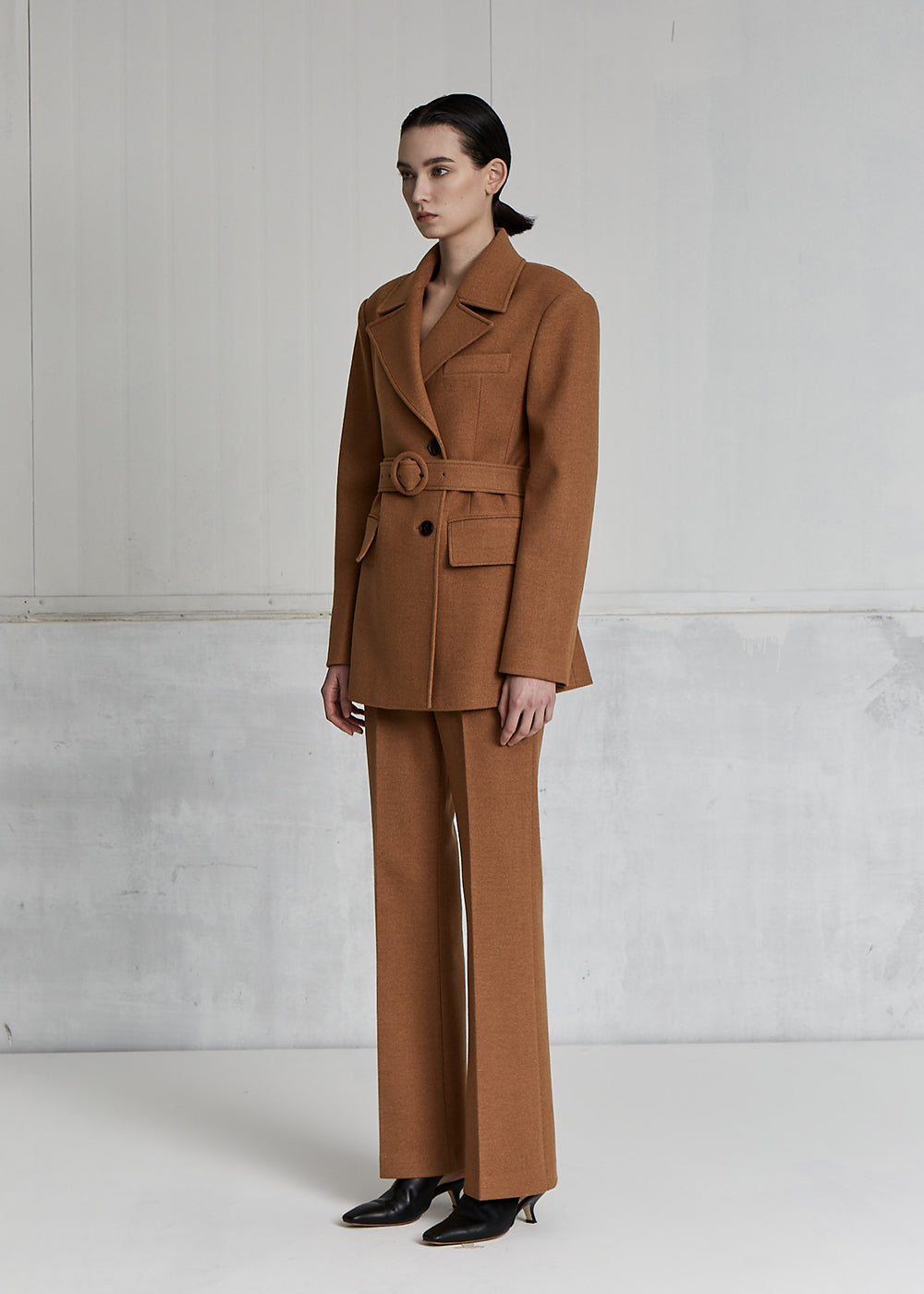 HERRINGBONE WOOL BELL BOTTOM PANTS _ CAMEL