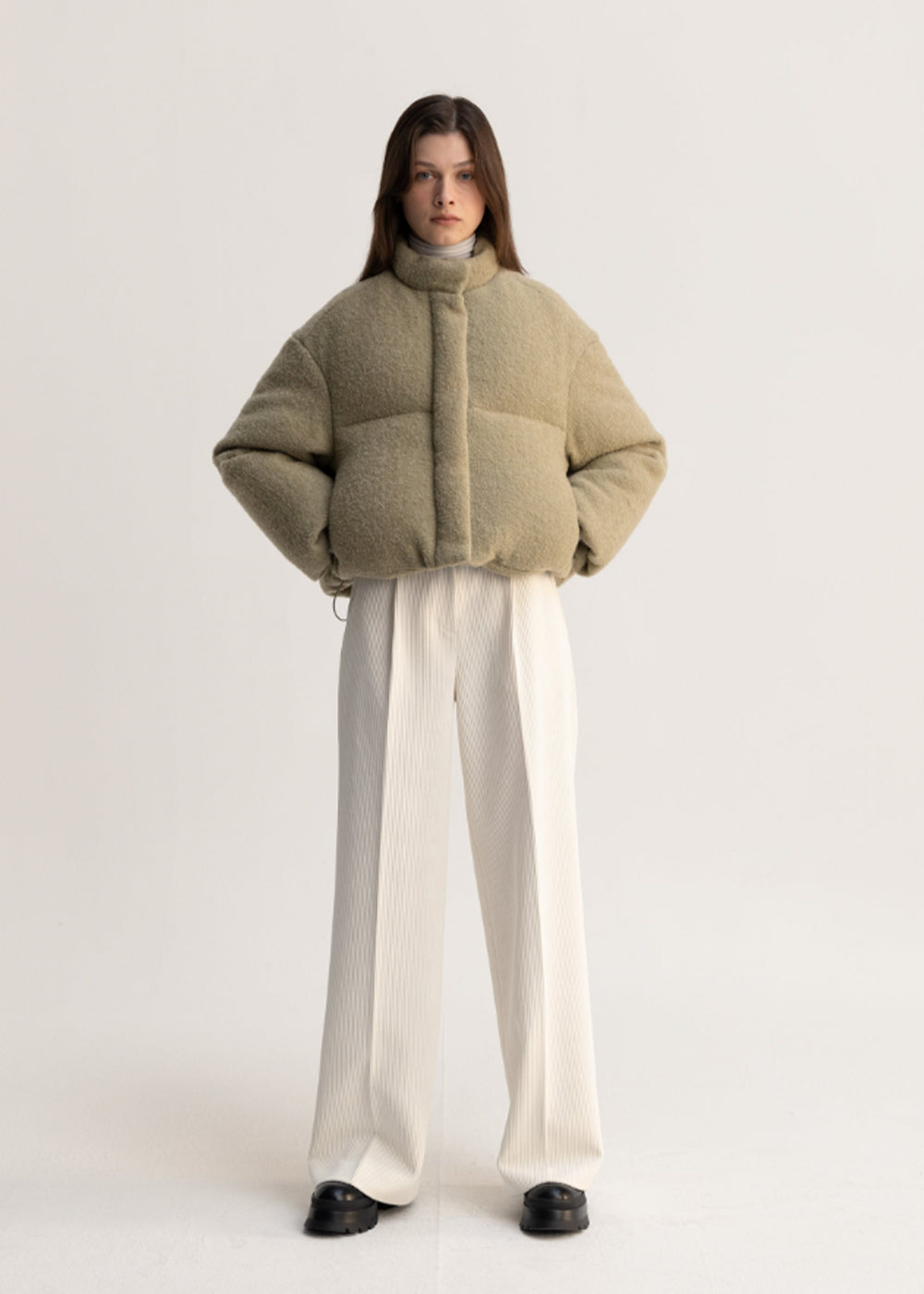 WOOL BOUCLE PLACKET JACKET_DUSTY KHAKI