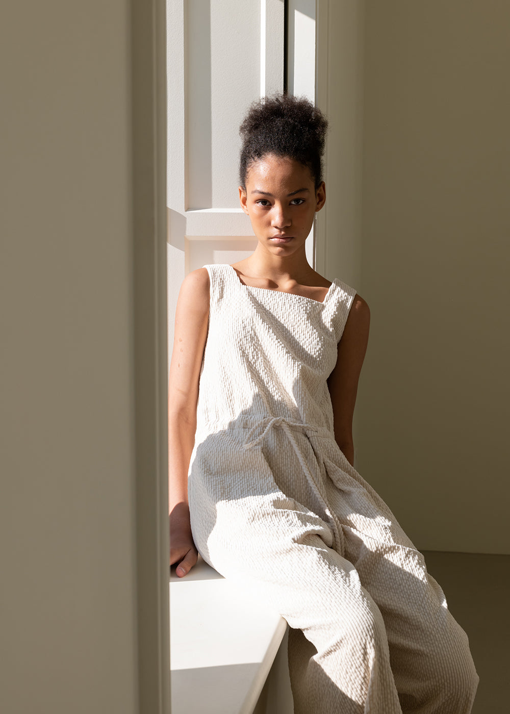 CORDUROY SQUARE-NECK JUMPSUIT IVORY