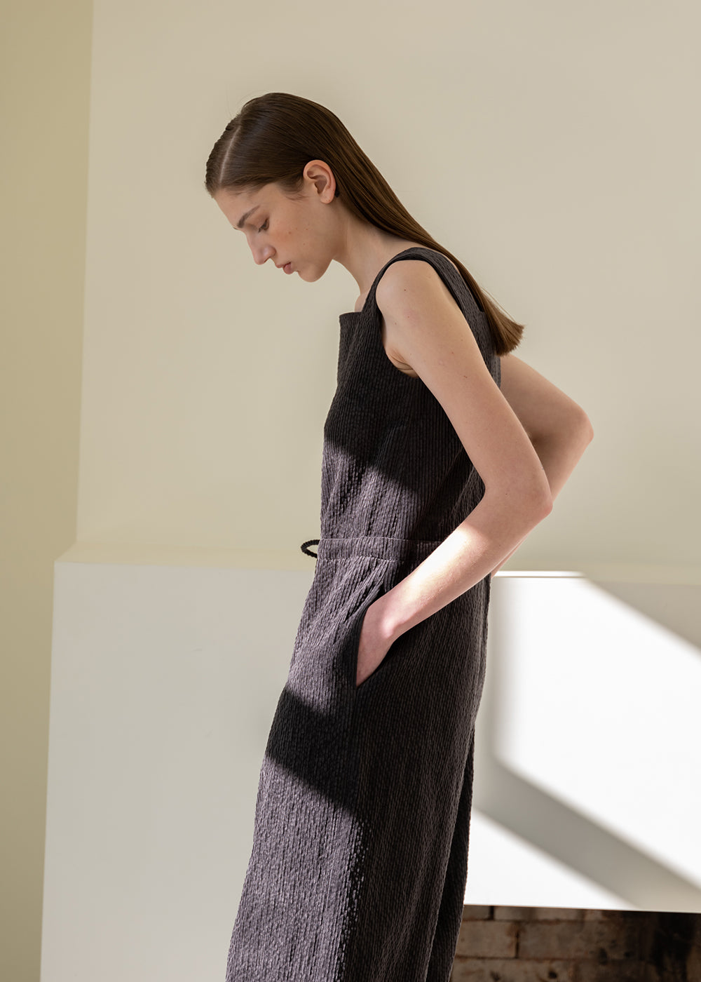 CORDUROY SQUARE-NECK JUMPSUIT DARK BROWN