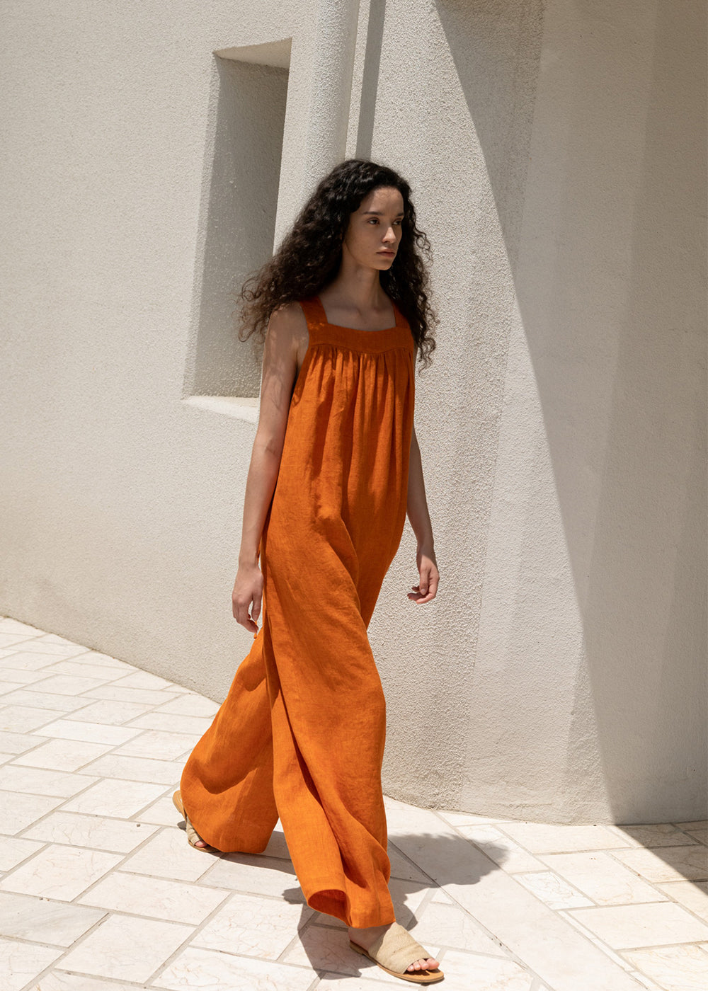 LINEN SQUARE-NECK WIDE JUMPSUIT_ORANGE
