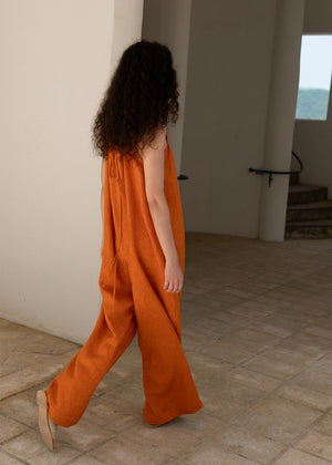 LINEN SQUARE-NECK WIDE JUMPSUIT_ORANGE