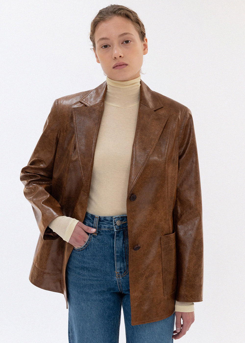 FAUX LEATHER SINGLE BUTTON JACKET_CAMEL