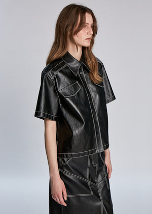 STITCHED FAUX LEATHER SHORT-SLEEVE SHIRT_BLACK