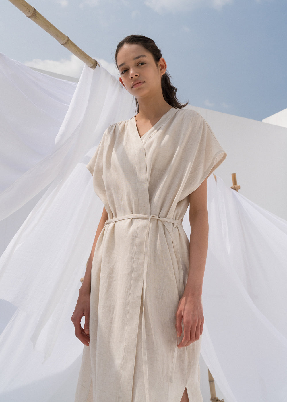 LINEN HERRINGBONE ROBE NATURAL