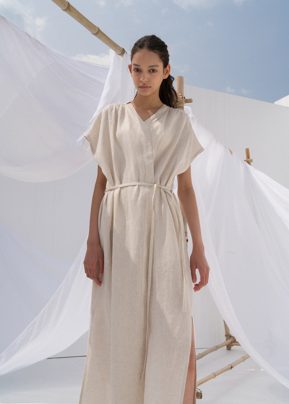 LINEN HERRINGBONE ROBE NATURAL