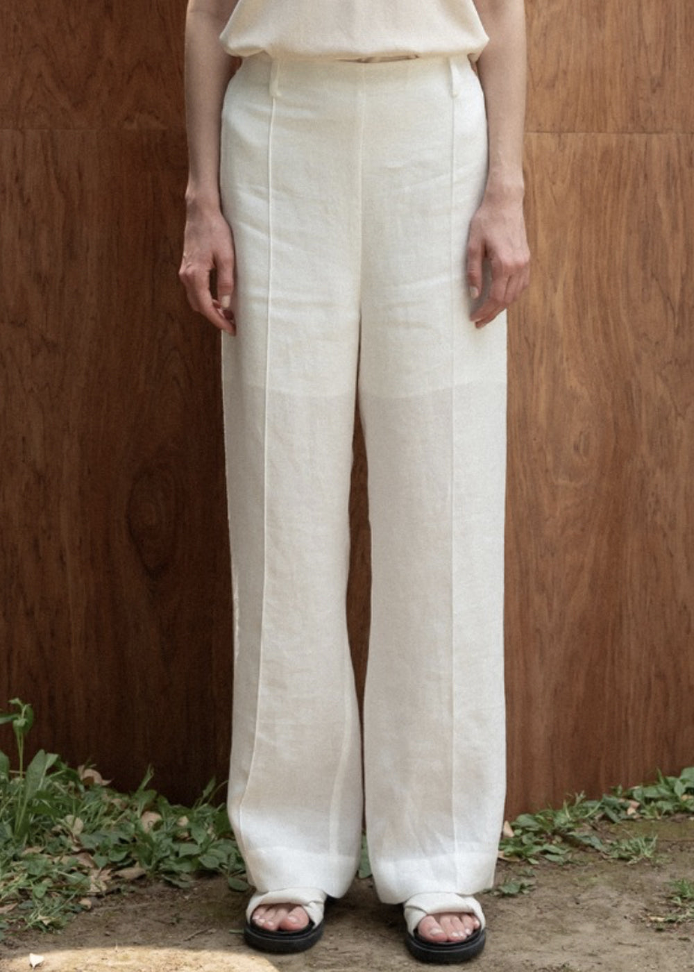 LINEN PINTUCK BANDING PANTS IVORY